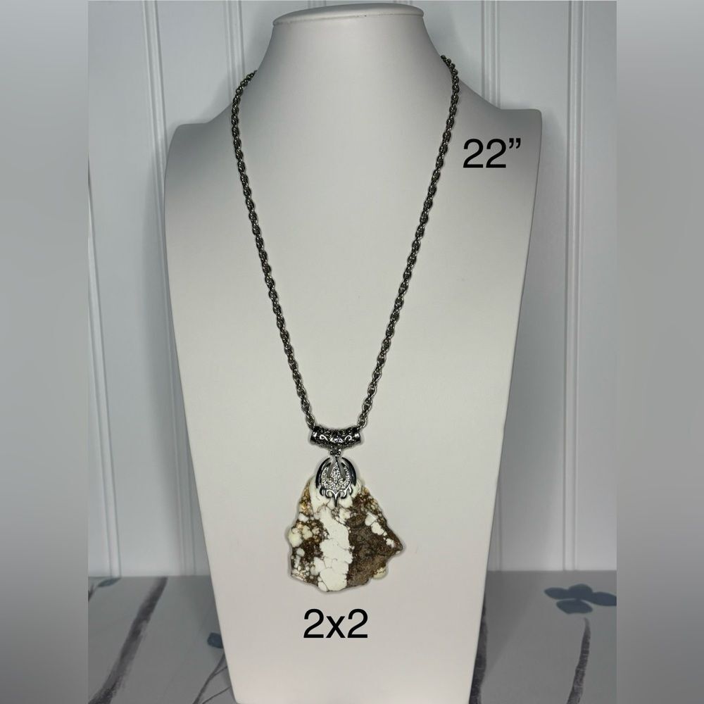 Silver and Natural White & Brown Stone Pendant Necklace